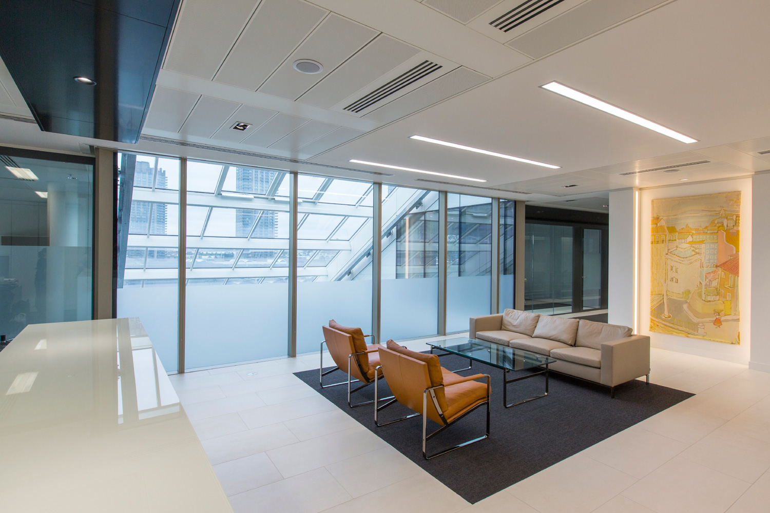 Monochromatic office interiors fit out in London - client reception