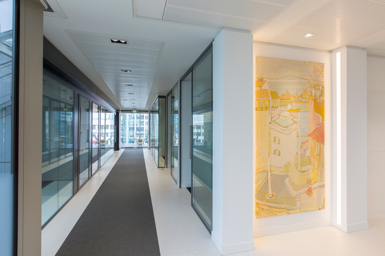 Monochromatic office interiors fit out in London - meeting suite corridor