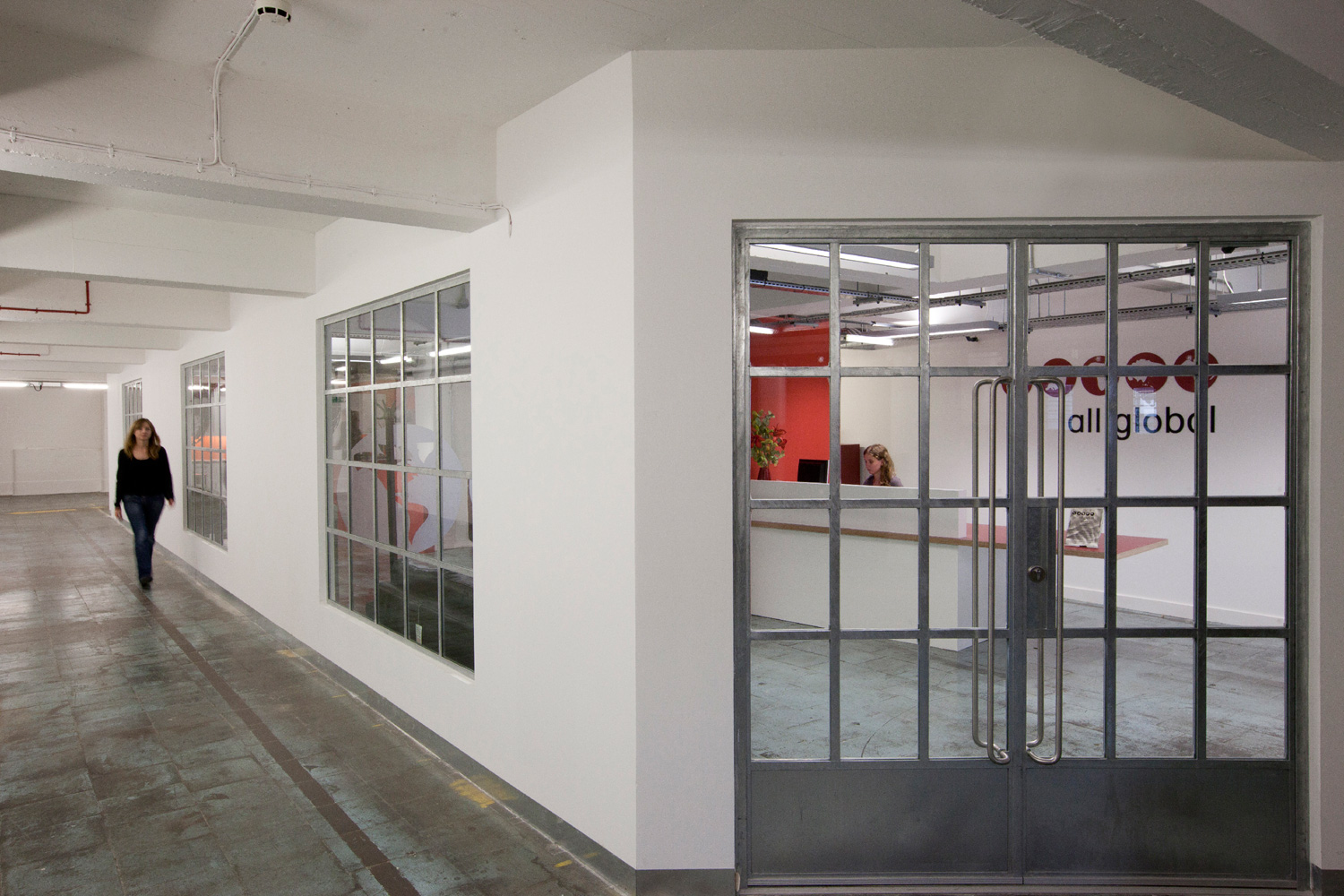 Industrial open plan office design - Tea Building entrance