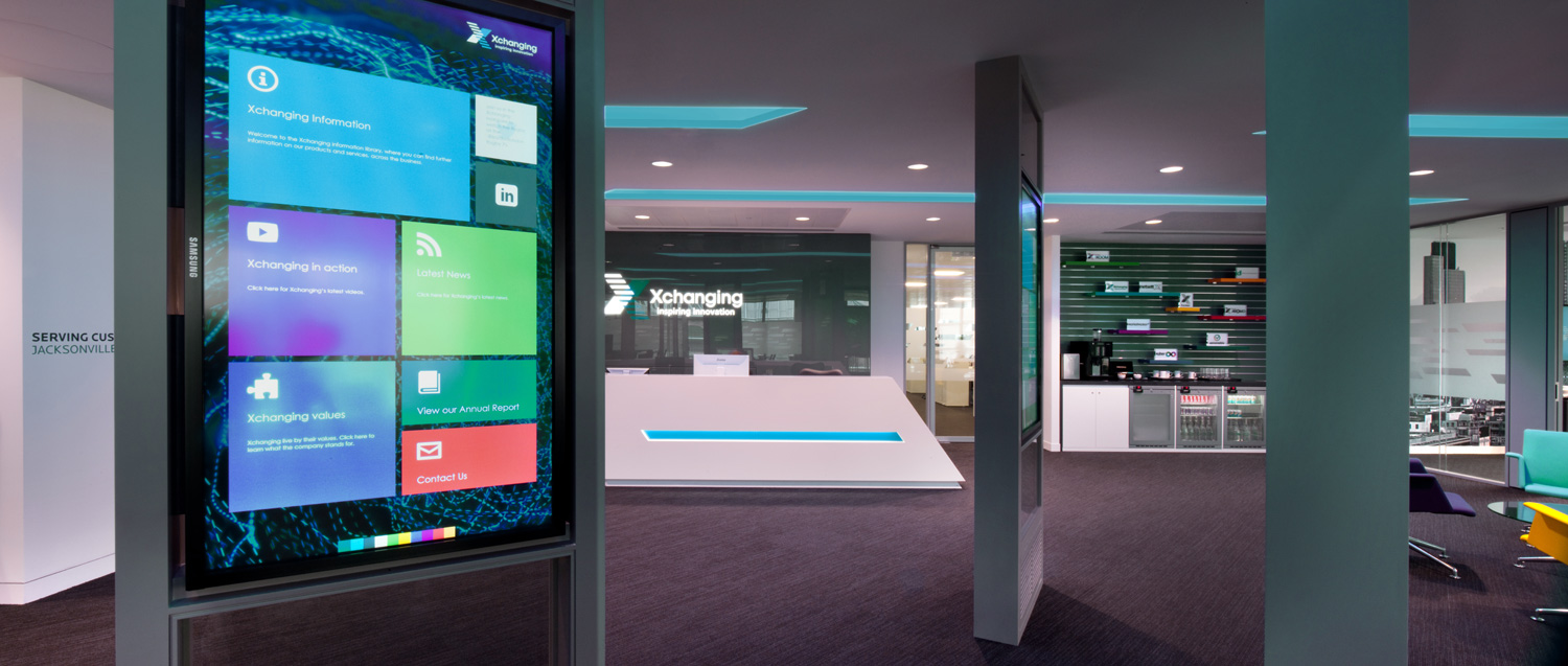 Innovative technology office design, Walbrook Builidng, London - interative display screens in reception