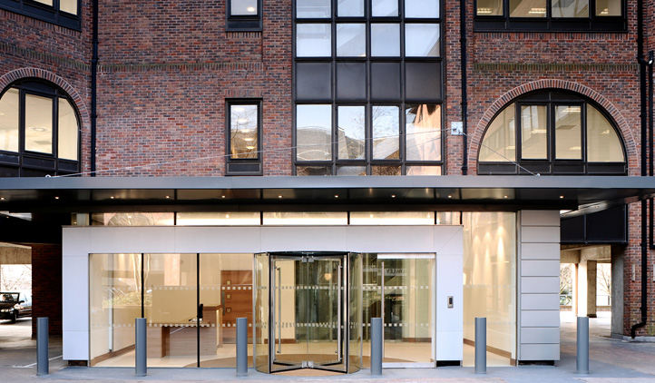Cat A refurbishment including reception - remodelled entrance using steel, glass and zinc cladding