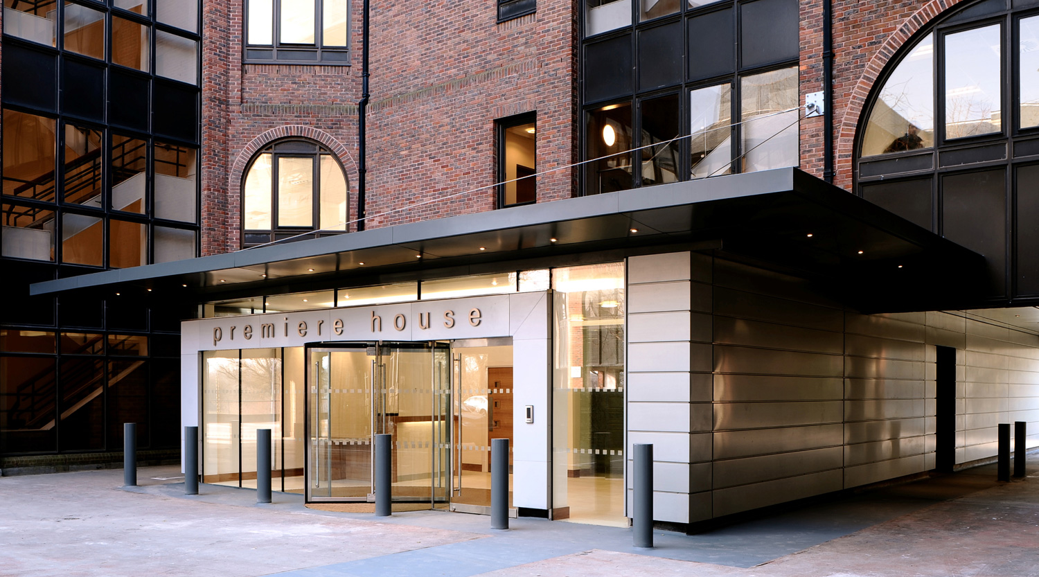 Cat A refurbishment including reception - remodelled entrance using steel, glass and zinc cladding