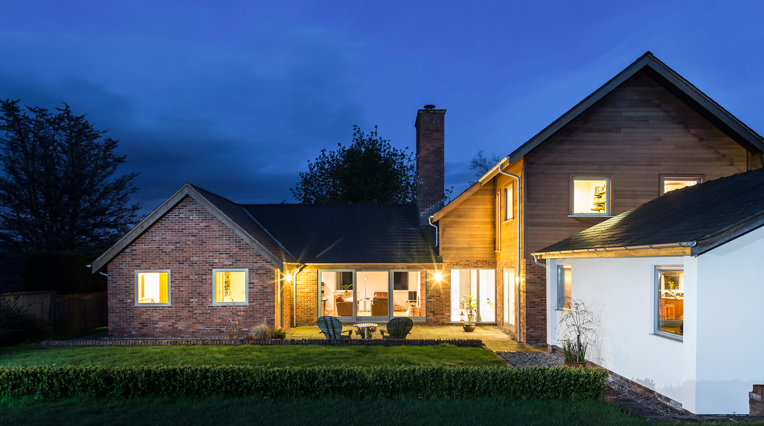 Contemporary residential property - rear view at night