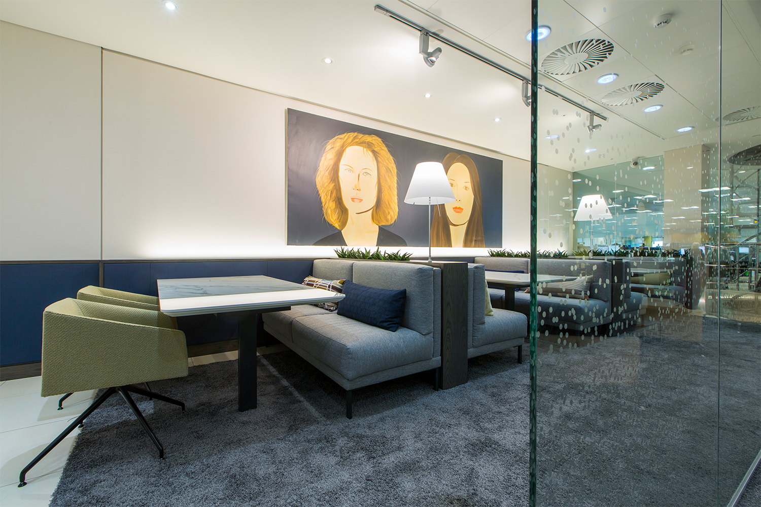 London headquarters interior architecture redesign - reception booth seating for ad-hoc meetings