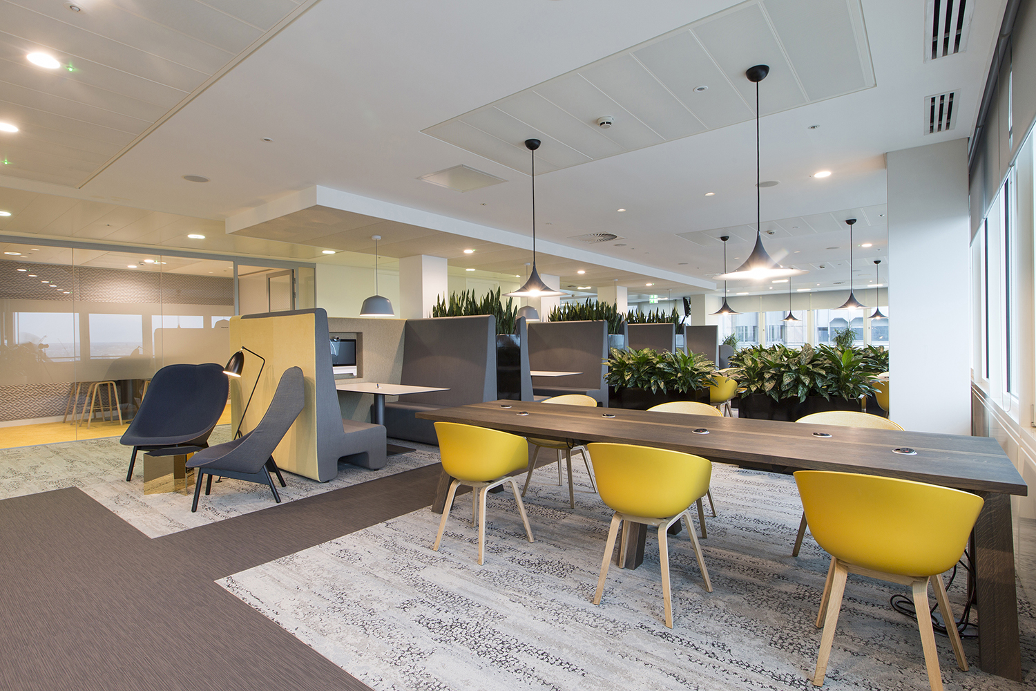 London headquarters interior architecture redesign - the refurbished coffee bar provides relaxed collaborative working areas