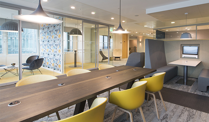 London headquarters interior architecture redesign - refurbished coffee bar providing informal meeting spaces