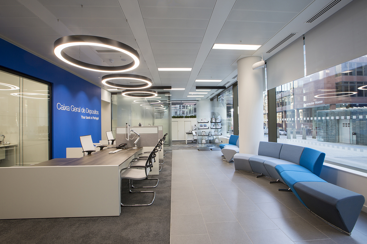 Design and branding for Caixa customer suite in London - customer service and waiting area