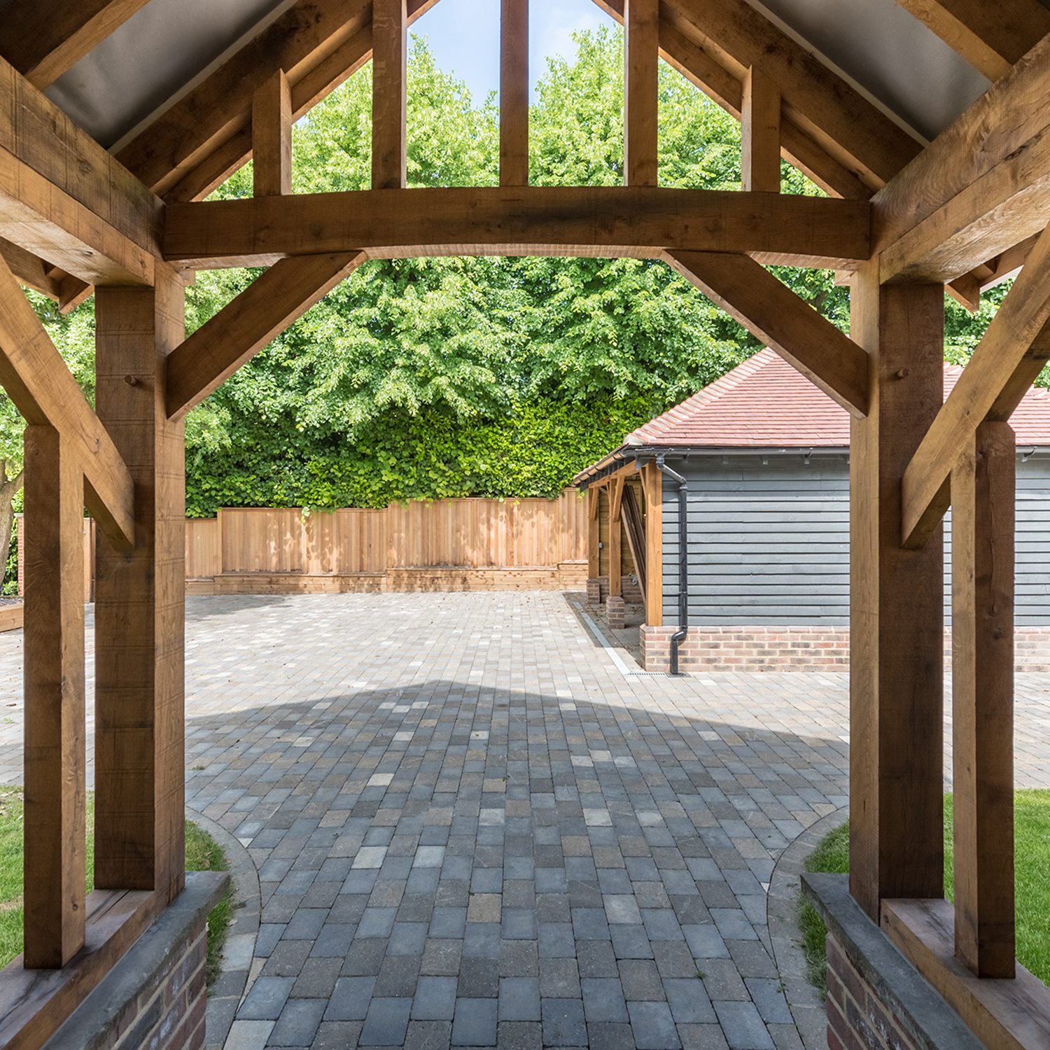 Oak framed porch looking towards cart lodge