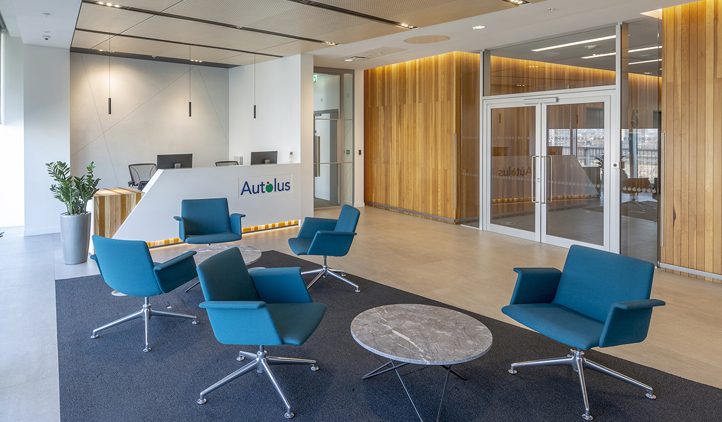 Reception as part of the office design for Autolus in White City, London